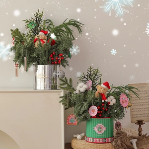 Miniature Christmas tree desk decor with pine branches berries and bear in festive pots