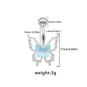 Detailed size chart for blue acrylic butterfly belly ring with exact measurements in mm