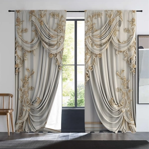 Detail of cream white 3D floral curtains with golden baroque embossed relief pattern