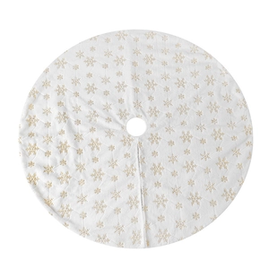 Plush white Christmas tree skirt with golden snowflake patterns for festive party decor