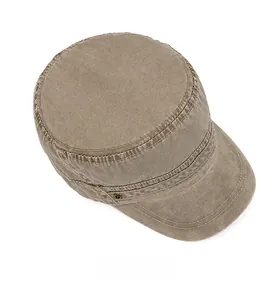 Top-down view showing washed cotton fabric and stitching details of the flat top cadet cap