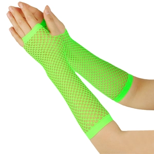 Detail view of neon green fishnet arm warmers showing stretchable mesh texture and long fit