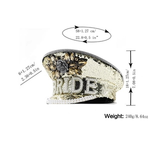 Champagne gold bridal captain hat with sequins, rhinestones, pearls and BRIDE lettering