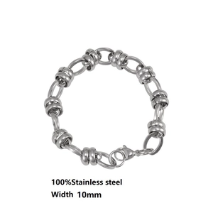 Macro view of 10mm wide stainless steel chunky link bracelet with lobster clasp