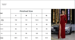 Detailed size guide chart for red sequin long sleeve evening gown with measurement table