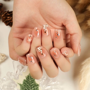 Christmas Press On Nails Short Square Fake Nails With Snowflake Star Rhinestones For Women Winter Holiday Manicure
