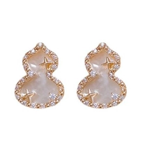 Elegant gold gourd-shaped stud earrings with white mother of pearl inlay and crystal accents