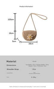 Size chart for woven saddle bag with daisy decor showing dimensions and strap length
