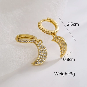 Exquisite 18K gold plated hoop earrings featuring cubic zirconia moon pendants and dimensions
