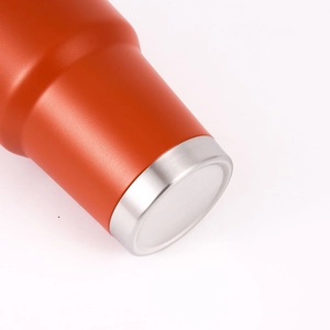 Orange 30oz insulated stainless steel travel mug shown with a durable silver base