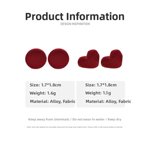 Detail view of red fabric heart and round stud earrings with weight and size specifications
