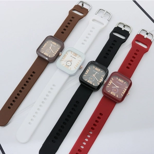 Detailed view of square quartz watches with silicone straps in brown, white, black and red