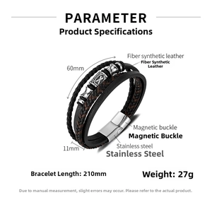 Detail view of multilayer braided leather bracelet for men with size and material specs