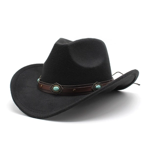 Western Cowboy Hat Polyester Wool Felt Vintage Ethnic Faux Leather Turquoise Band Wide Brim Fedora Jazz Sun Hat