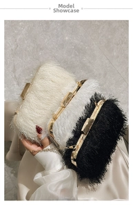 Three elegant tassel evening bags in black and white with gold metal frames and chain straps