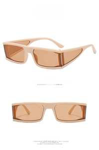 Detailed side and front view of cream square sunglasses with brown tinted lenses
