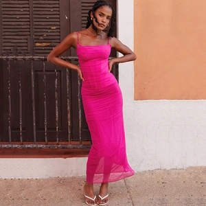Slim fit fuchsia fuchsia mesh maxi dress with spaghetti straps and high slit detail
