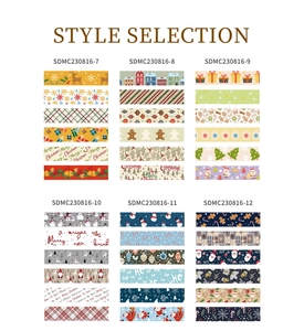Detailed selection of six Christmas washi tape rolls featuring festive cartoon patterns