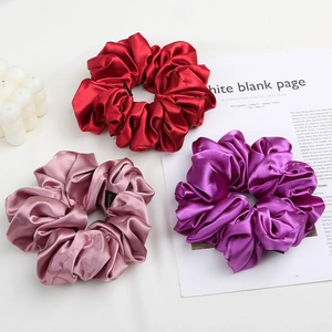 Three-piece satin scrunchie set in red, purple and pink with high-quality silk texture