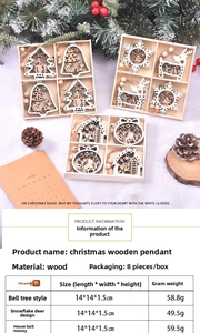 Detailed view of hollow wooden Christmas ornaments with dimensions and weight info
