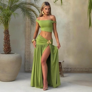 One Shoulder Crop Top And High Slit Maxi Skirt Ruched Outfit Solid Color Polyester Spandex Metallic Decoration Women