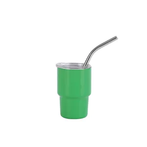 Green 3oz stainless steel mini tumbler with transparent lid and reusable metal straw