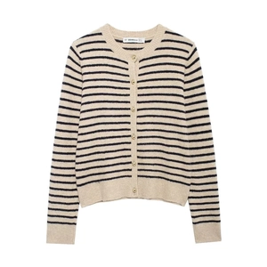 Striped Knit Cardigan Sweater For Women Round Neck Gold Buttons Long Sleeve Polyester Casual Ribbed Trim Outerwear