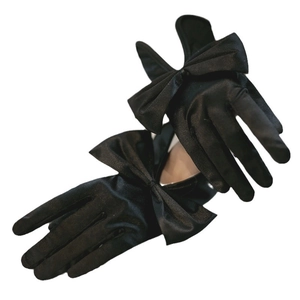 Elegant black satin bridal gloves with bow detail on wrist, short fingerless wedding style