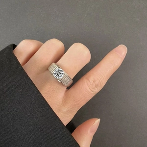 Men's classic silver ring with square-cut moissanite stone and side diamond accents