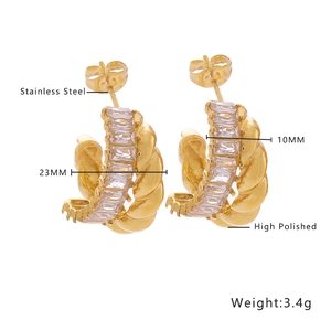 Polished gold stainless steel twisted hoop earrings with rectangular zircon stones detail