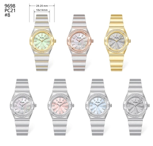 Detailed view of women's watches in seven colors with crystal bezel and 28mm cases
