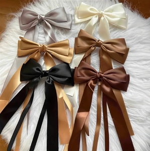 Elegant satin bow hair clips set in six assorted colors with long hanging ribbons