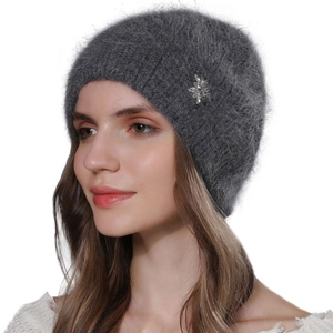 Winter dark grey angora knit beanie for women with elegant rhinestone flower brooch detail