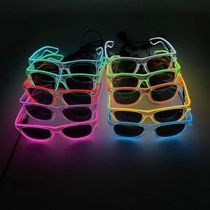 Detail of neon LED glowing glasses in multiple colors with vibrant EL wire illumination