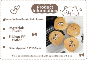 Detail showing plush potato coin purse specs including 12x11.5cm size and soft PP cotton