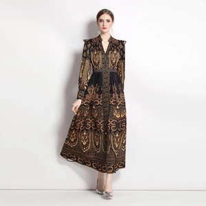 Vintage V-neck maxi dress with gold baroque floral prints and lantern sleeves