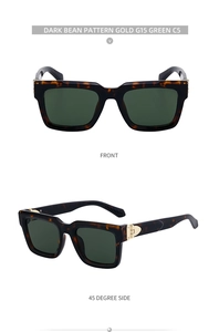 Detail of dark bean pattern frames with gold accents and G15 green lenses for men