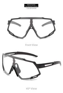 Detail view of large black frame cycling glasses with clear protective lenses from two angles