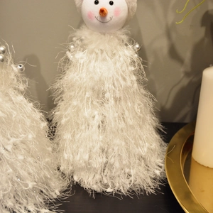 Plush snowman Christmas tree hat decoration with white faux fur and silver bead details