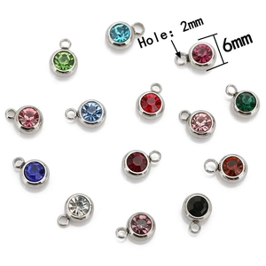 6mm stainless steel birthstone charms with 2mm holes in diverse crystal colors