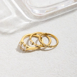 Detailed view of three-piece gold titanium steel ring set with sparkling zircons on stone