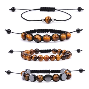 Natural Tiger Eye Stone Braided Bracelet With Hematite Beads Adjustable Cord Handcrafted Men Jewelry Unisex Gift