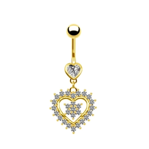Detail of gold heart belly button ring with butterfly wings and sparkling crystals