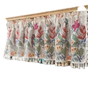 Linen blend short curtain with vibrant tropical floral pattern and beige fringe tassels