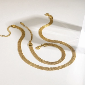 Goldenes Set aus Edelstahl-Gliederkette und Armband mit Karabinerverschluss für Damen