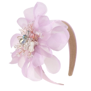 Elegant floral headband with pink fabric flowers and crystal beads on a white background