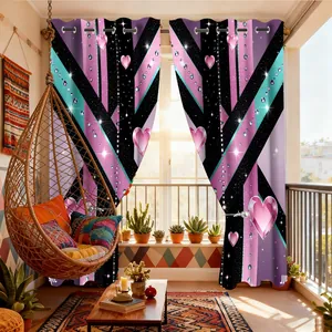 Detail of pink hearts and geometric stripes on blackout grommet curtains for bedroom