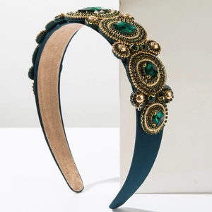 Vintage dark green beaded headband with geometric emerald crystals and gold details