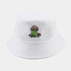 Bob blanc en coton avec broderie mignonne de grenouille et champignon pour l'extérieur