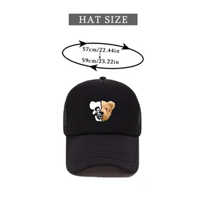 Size guide for black trucker hat with bear skull print and adjustable mesh back